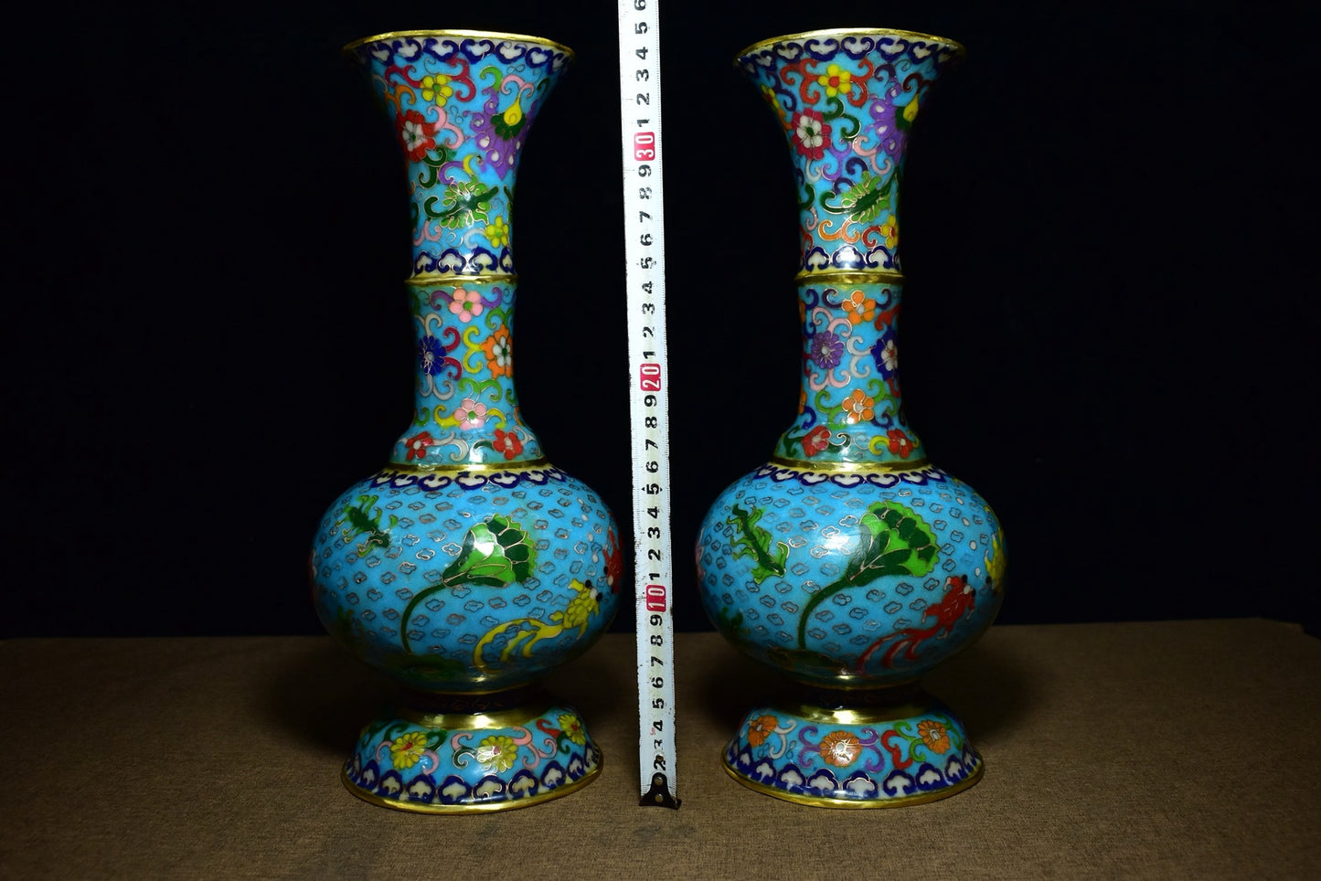 A pair of brass cloisonn é vases