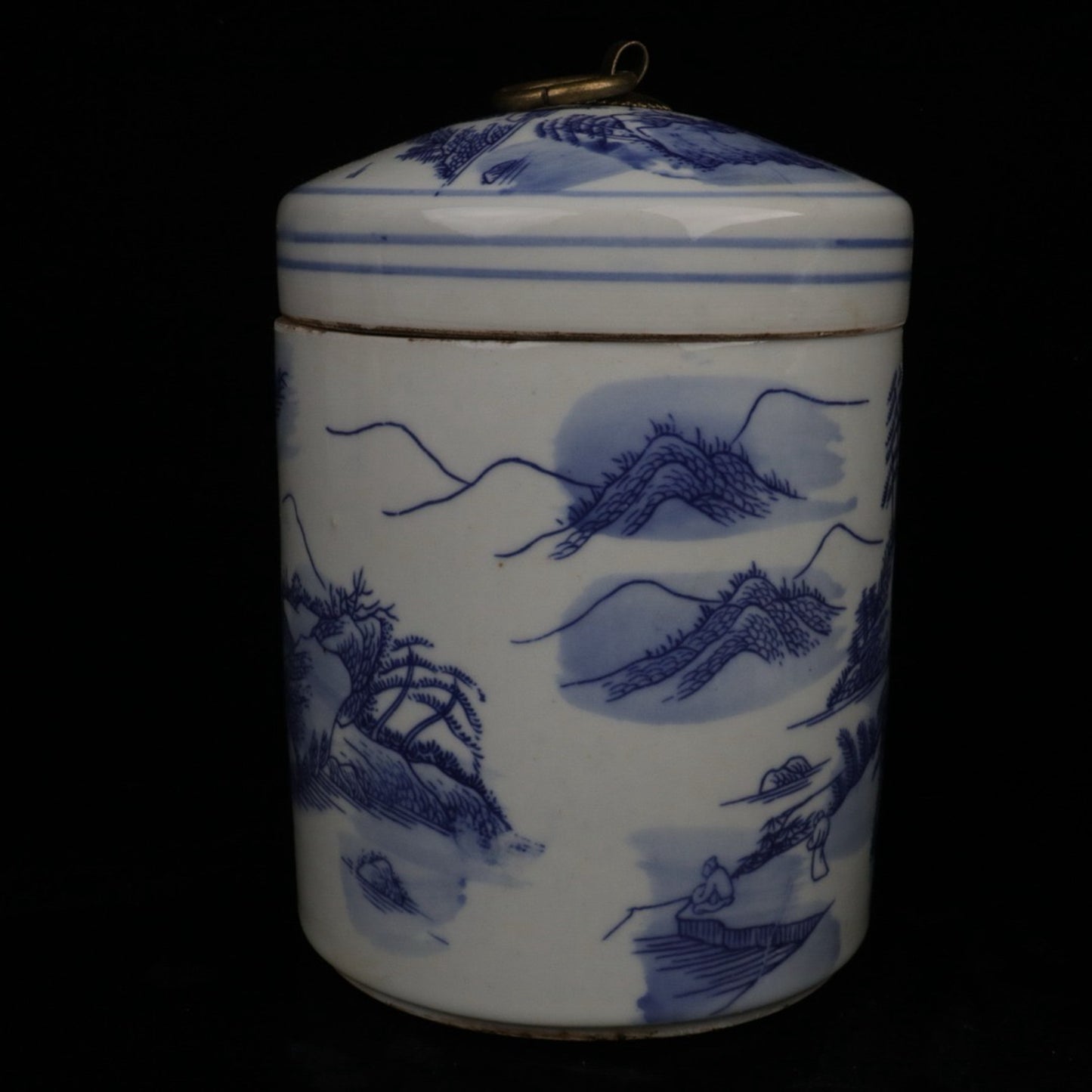 Blue and white landscape patterned covered jar