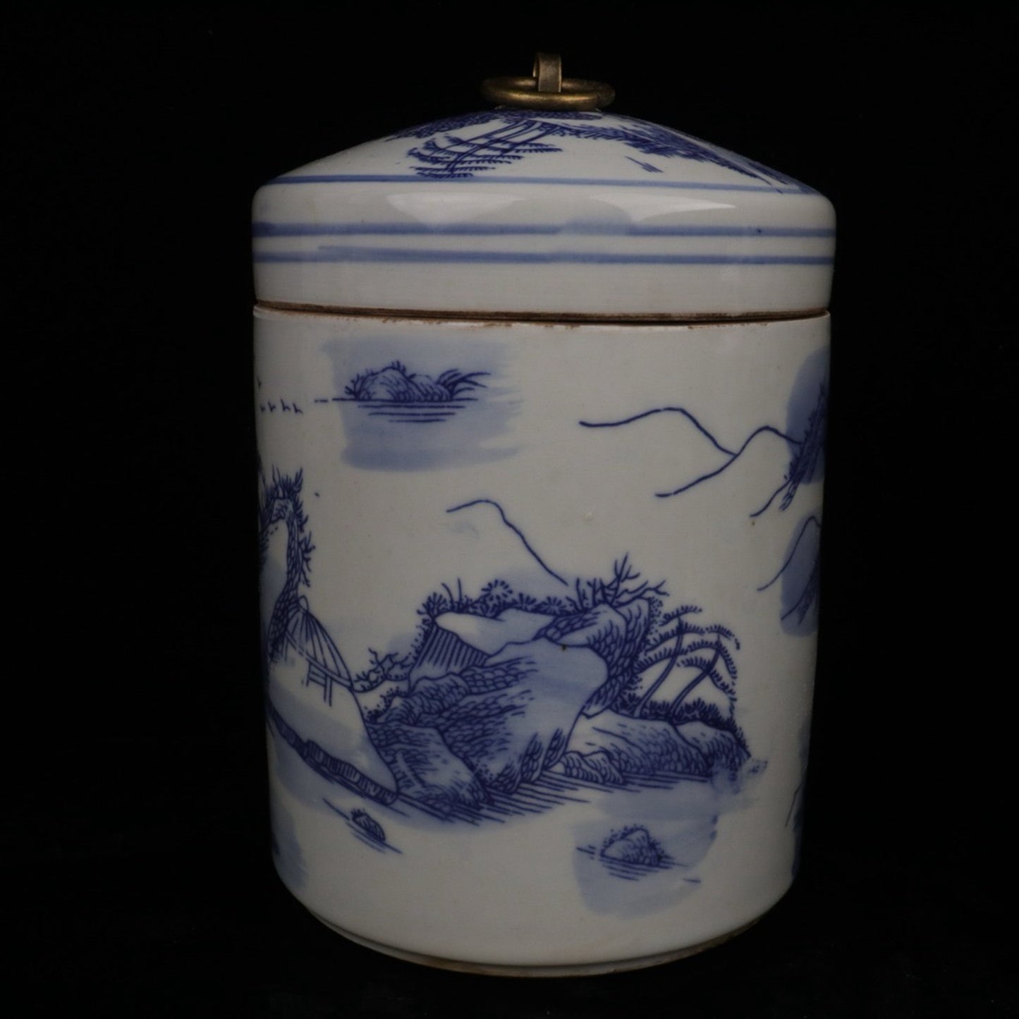 Blue and white landscape patterned covered jar