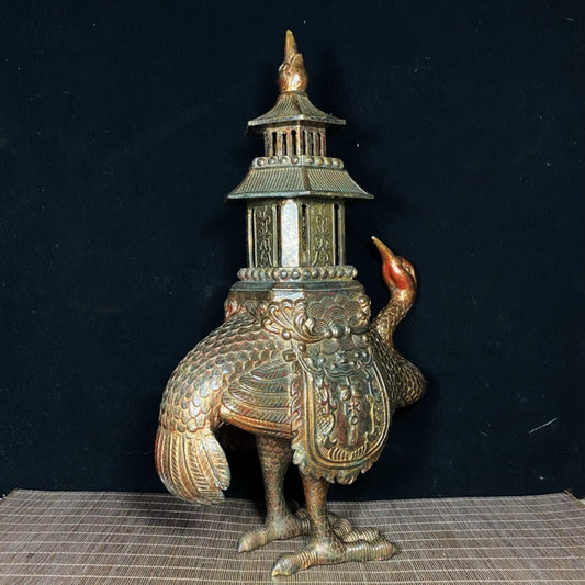 Old copper tire mud gold crane pagoda incense burner