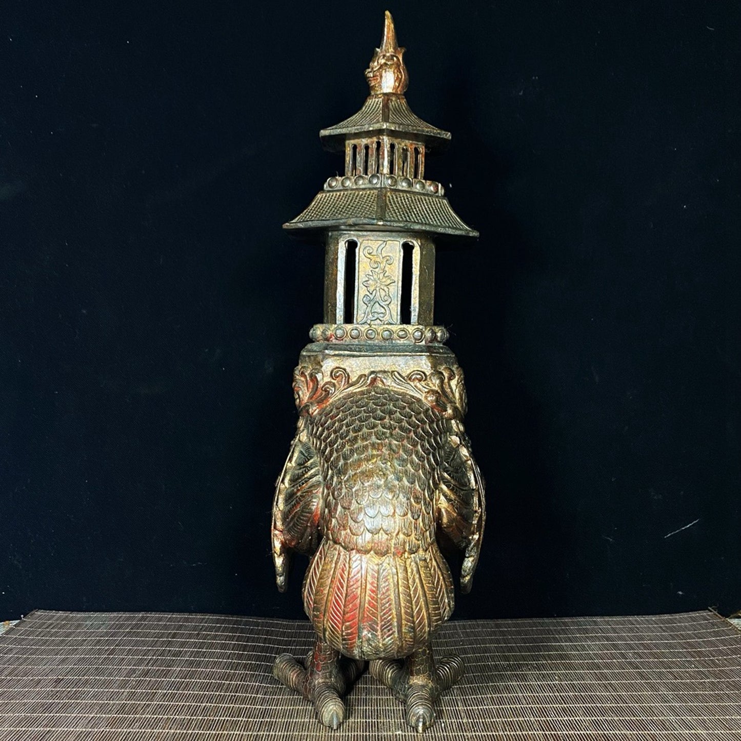 Old copper tire mud gold crane pagoda incense burner