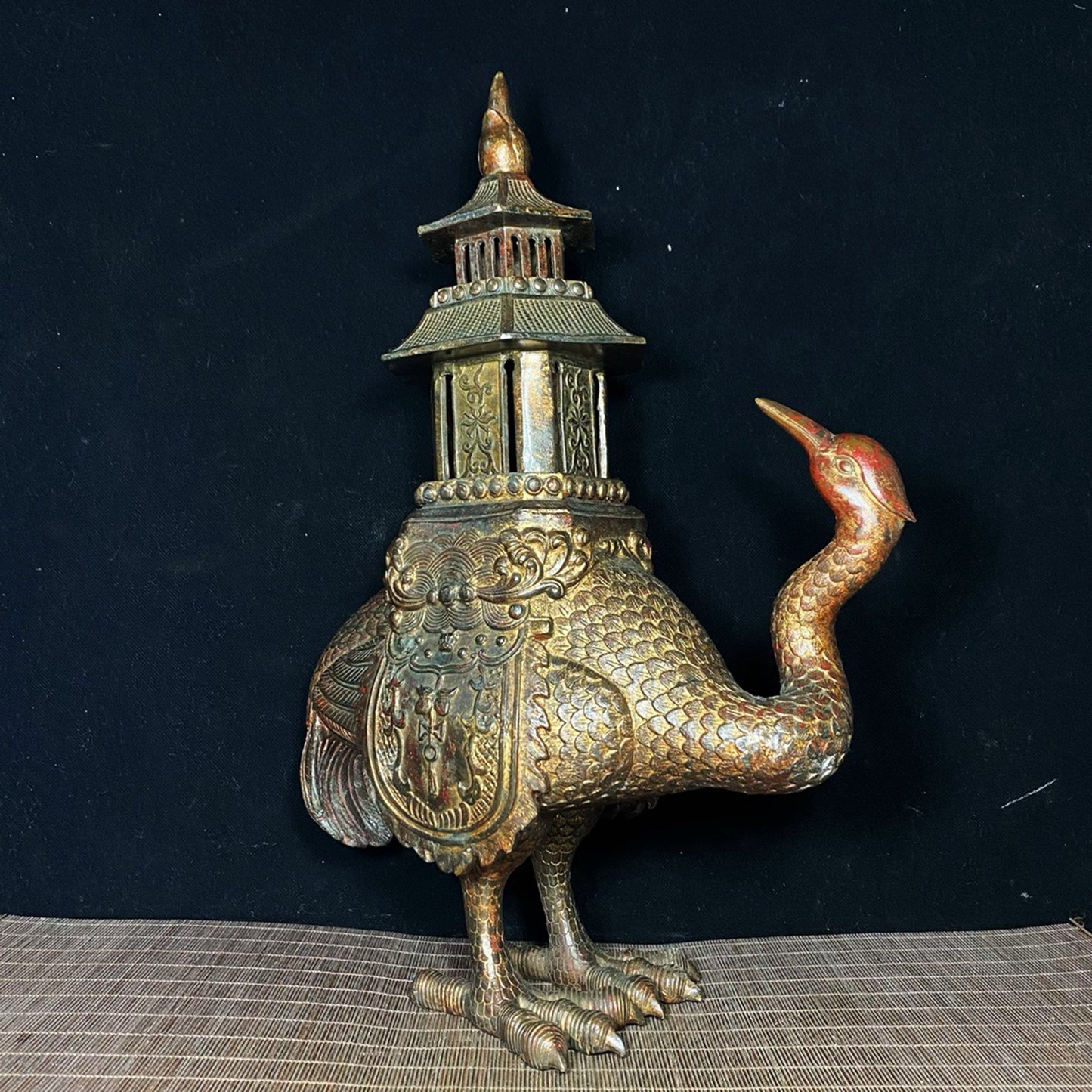 Old copper tire mud gold crane pagoda incense burner