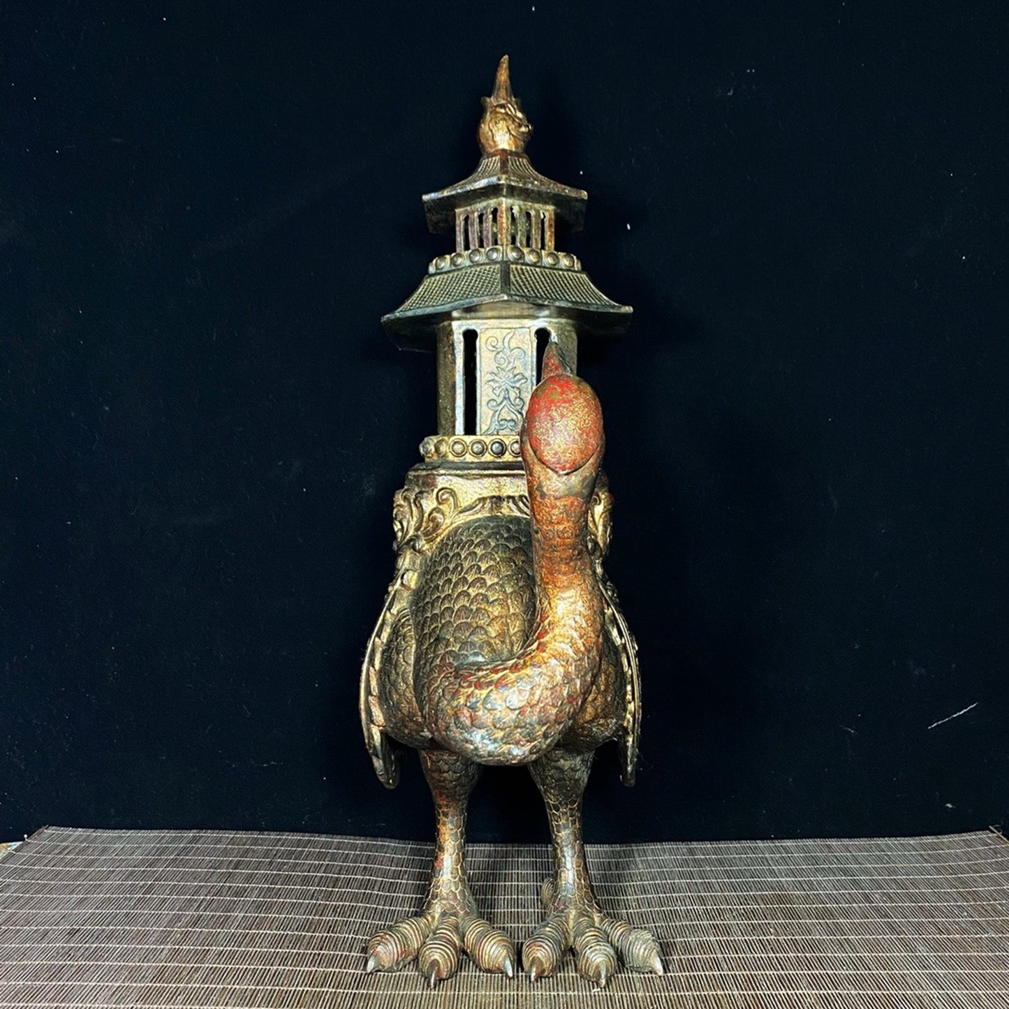 Old copper tire mud gold crane pagoda incense burner
