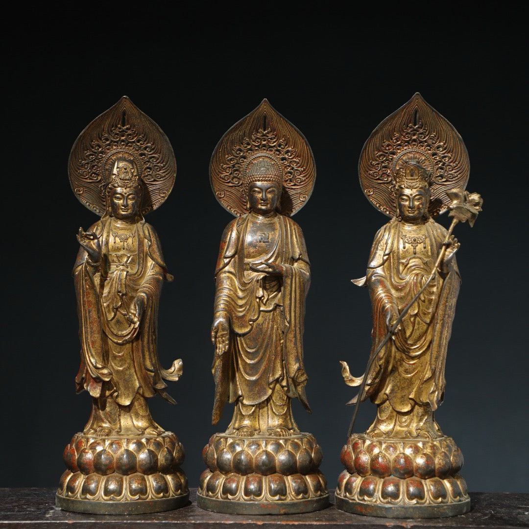 A set of Chinese antique pure copper Buddha statues of the Three Saints of the West