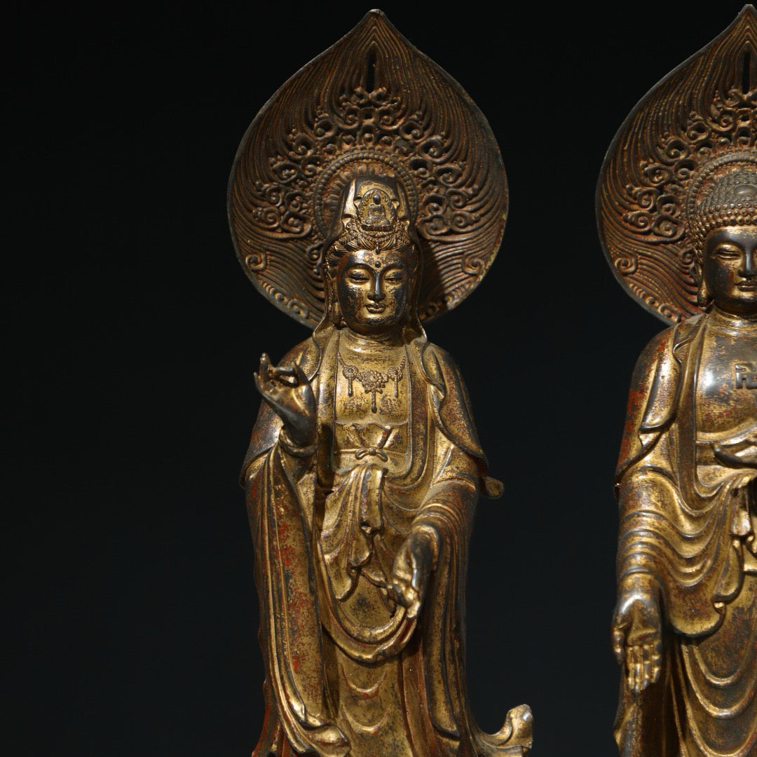 A set of Chinese antique pure copper Buddha statues of the Three Saints of the West