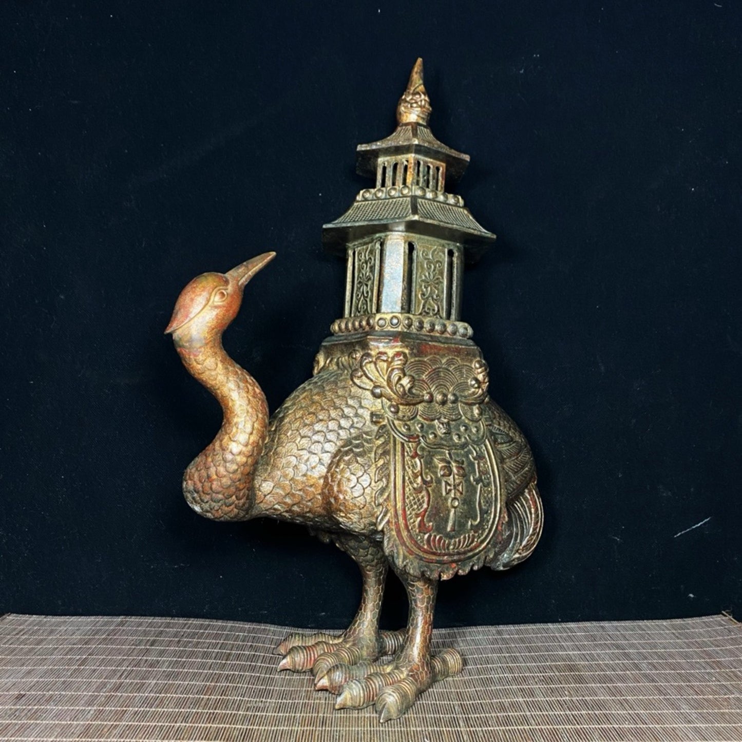 Old copper tire mud gold crane pagoda incense burner