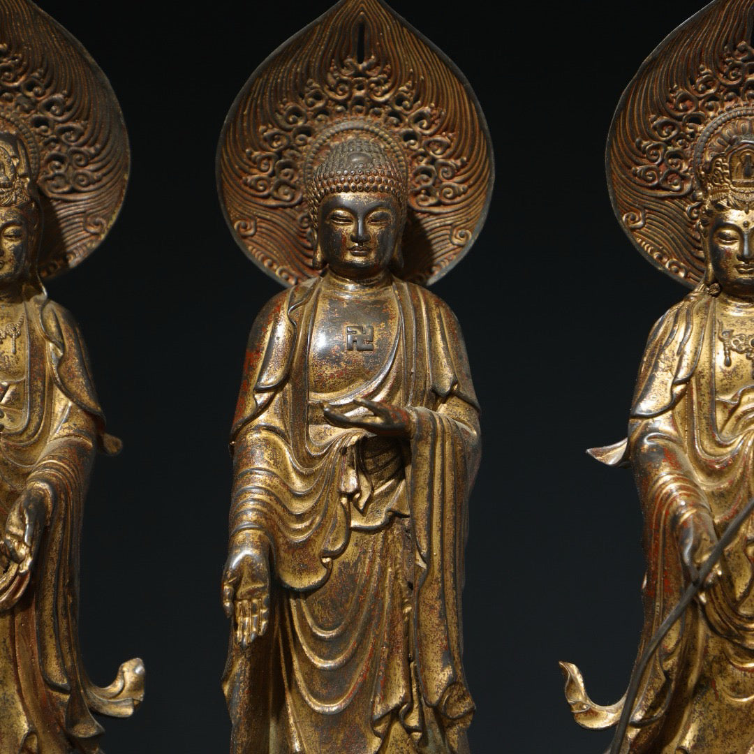 A set of Chinese antique pure copper Buddha statues of the Three Saints of the West