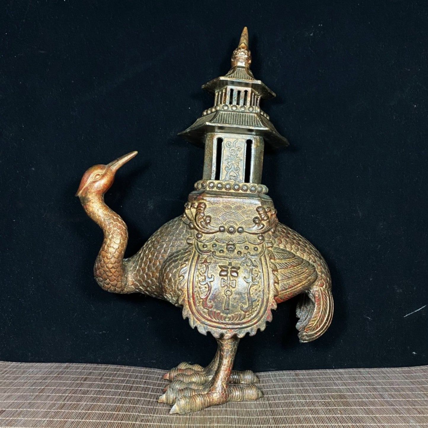 Old copper tire mud gold crane pagoda incense burner