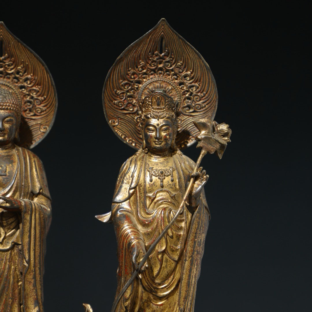 A set of Chinese antique pure copper Buddha statues of the Three Saints of the West