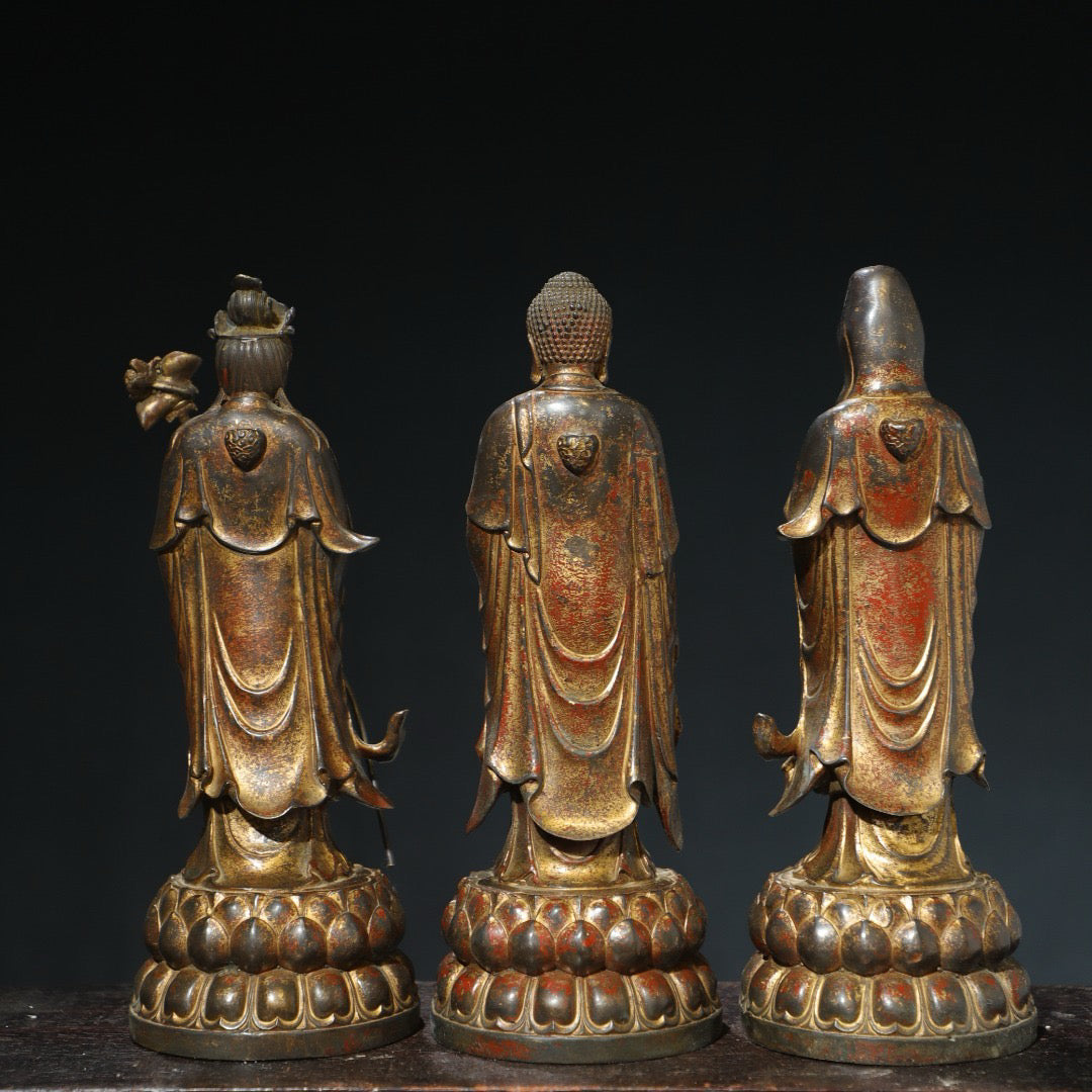 A set of Chinese antique pure copper Buddha statues of the Three Saints of the West