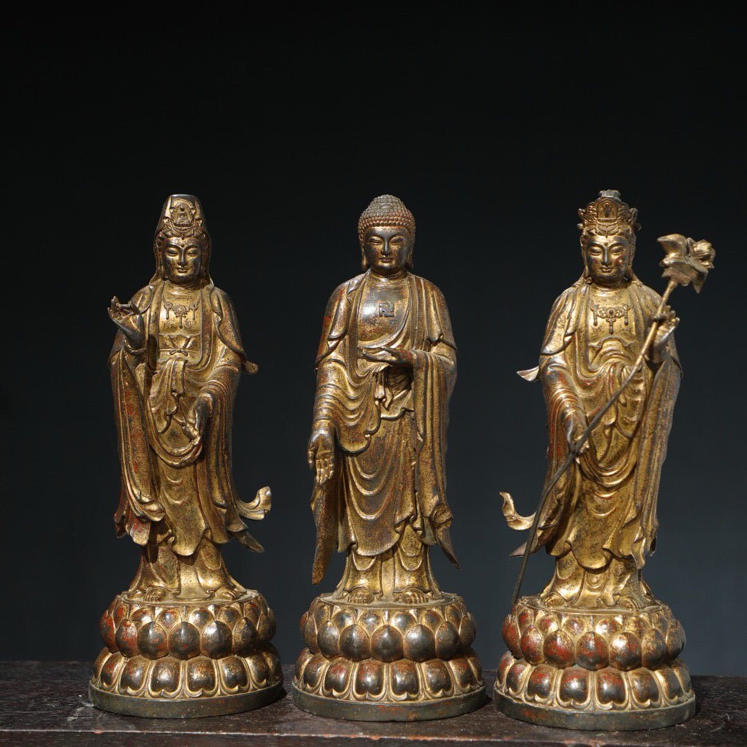 A set of Chinese antique pure copper Buddha statues of the Three Saints of the West