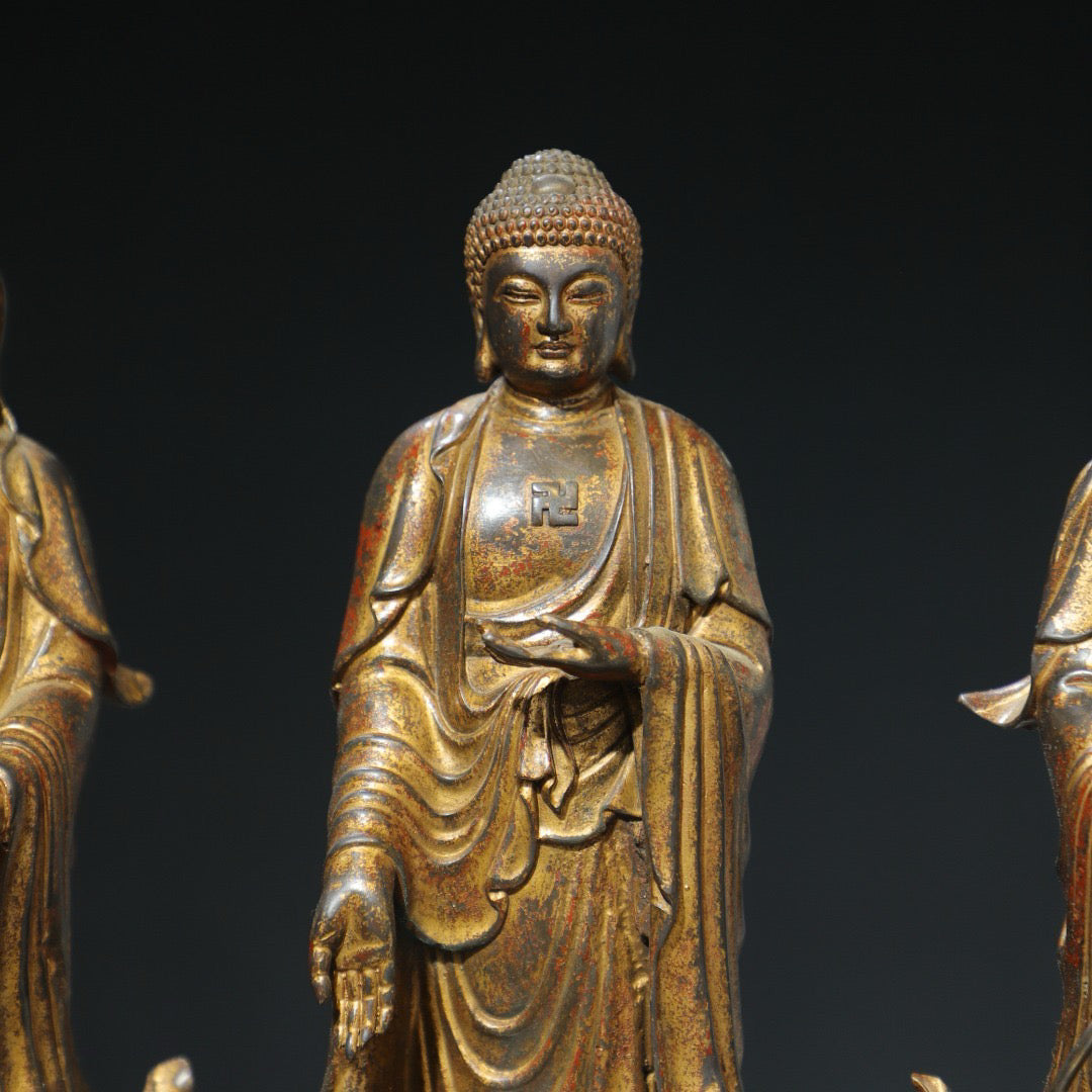 A set of Chinese antique pure copper Buddha statues of the Three Saints of the West