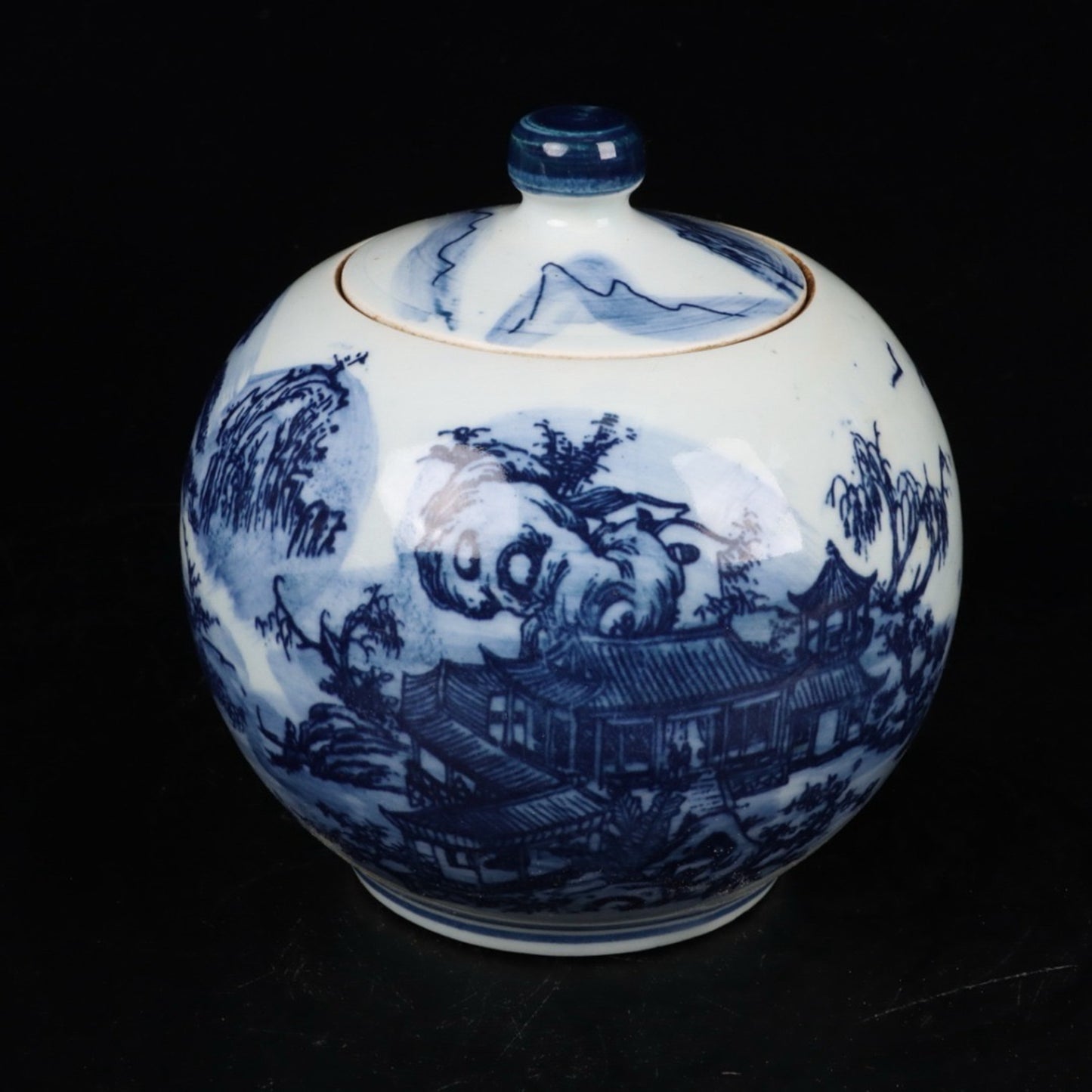 Blue and white landscape patterned apple lid jar