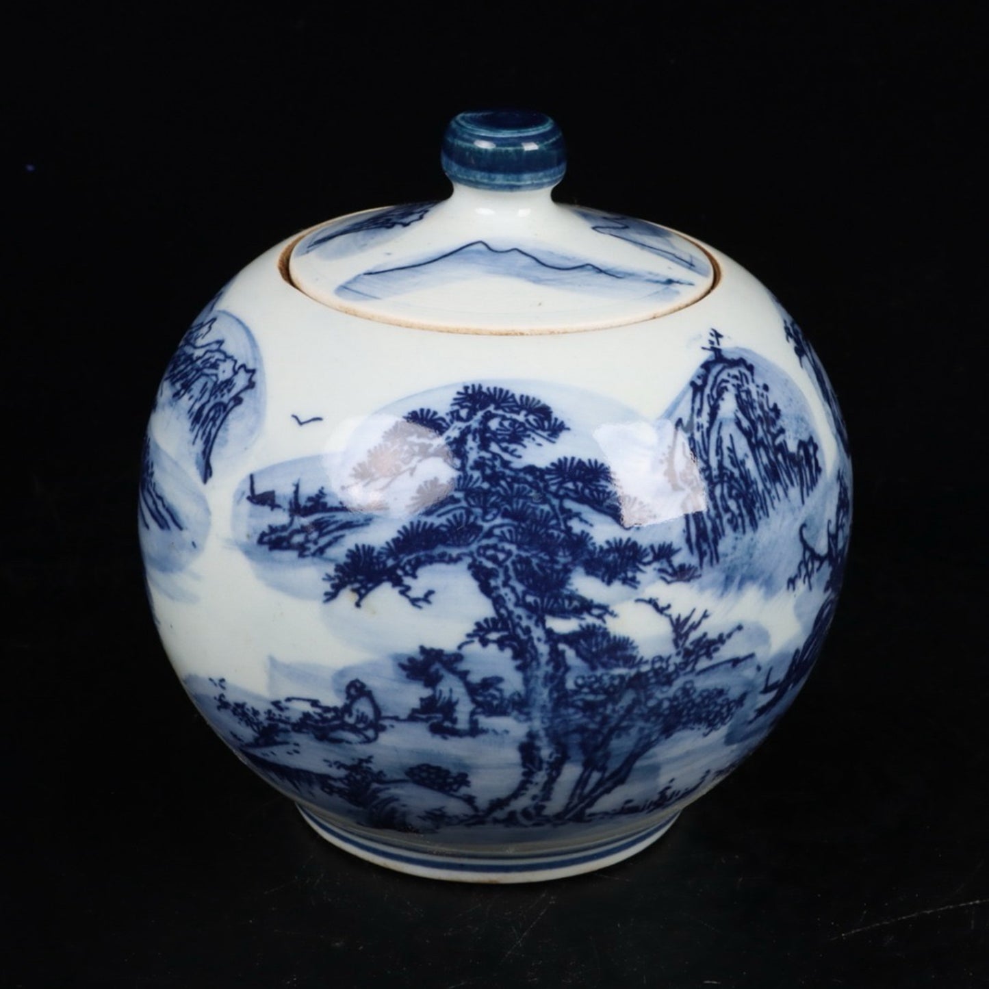 Blue and white landscape patterned apple lid jar