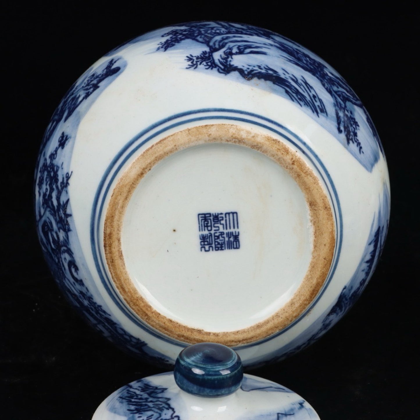 Blue and white landscape patterned apple lid jar