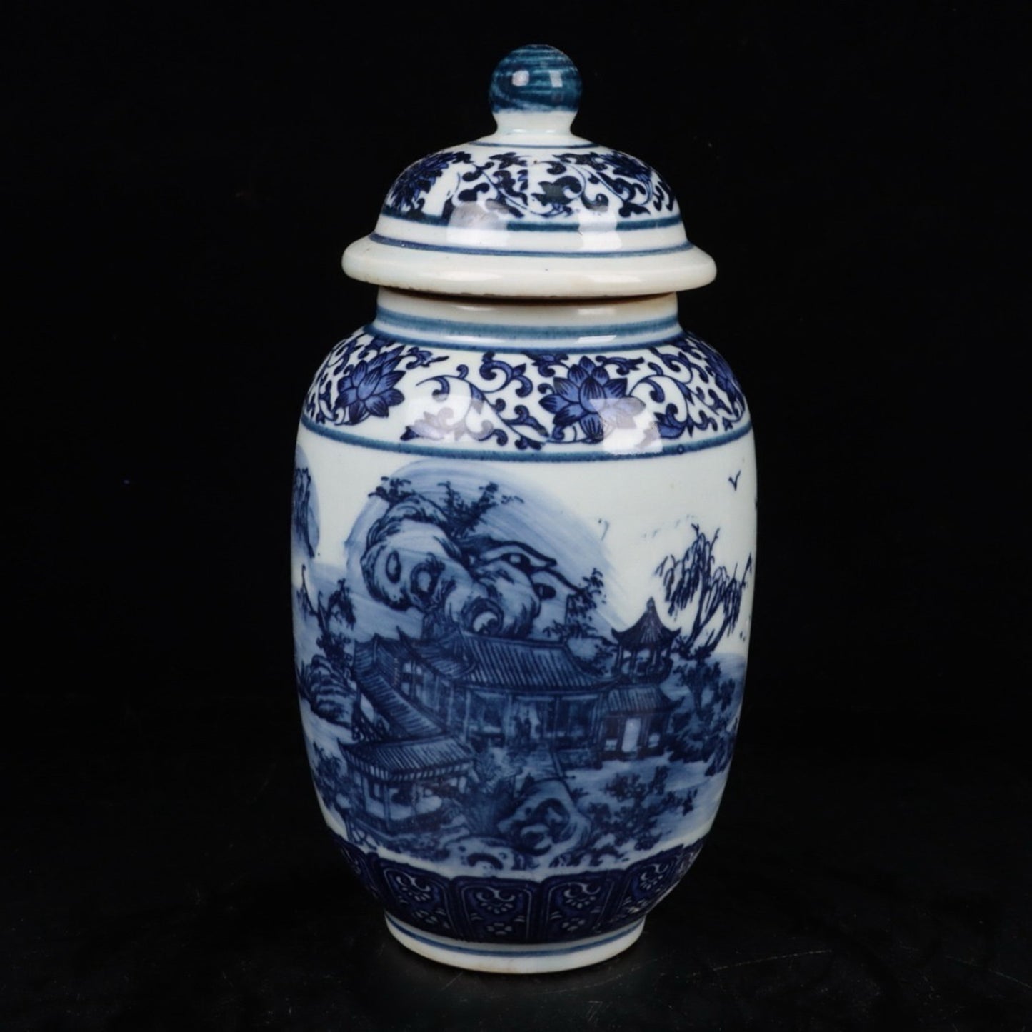 Blue and white landscape general jar