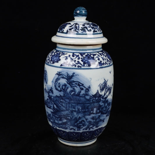 Blue and white landscape general jar