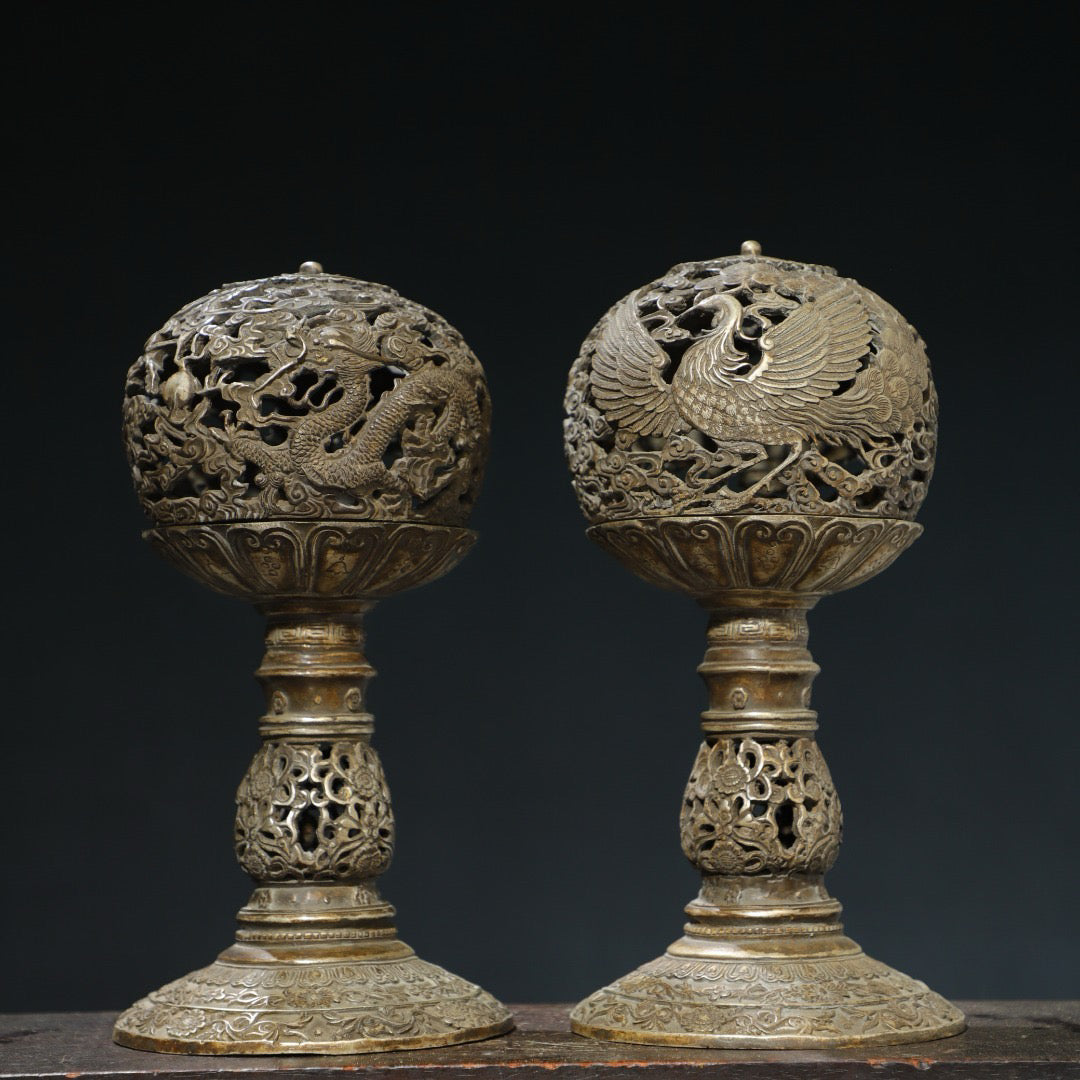 Gilded Silver [Dragon and Phoenix] Palace Lantern Pair