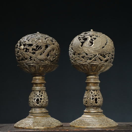 Gilded Silver [Dragon and Phoenix] Palace Lantern Pair