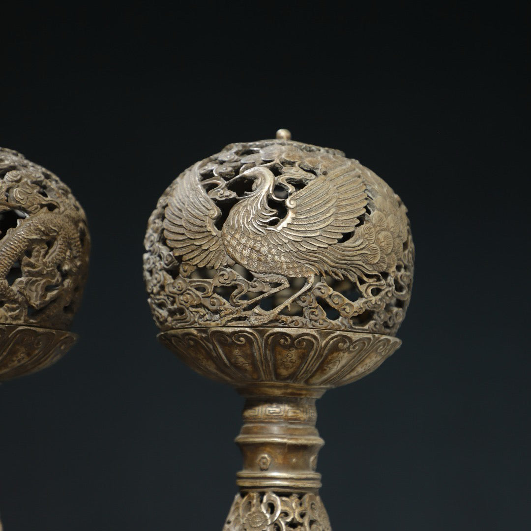 Gilded Silver [Dragon and Phoenix] Palace Lantern Pair