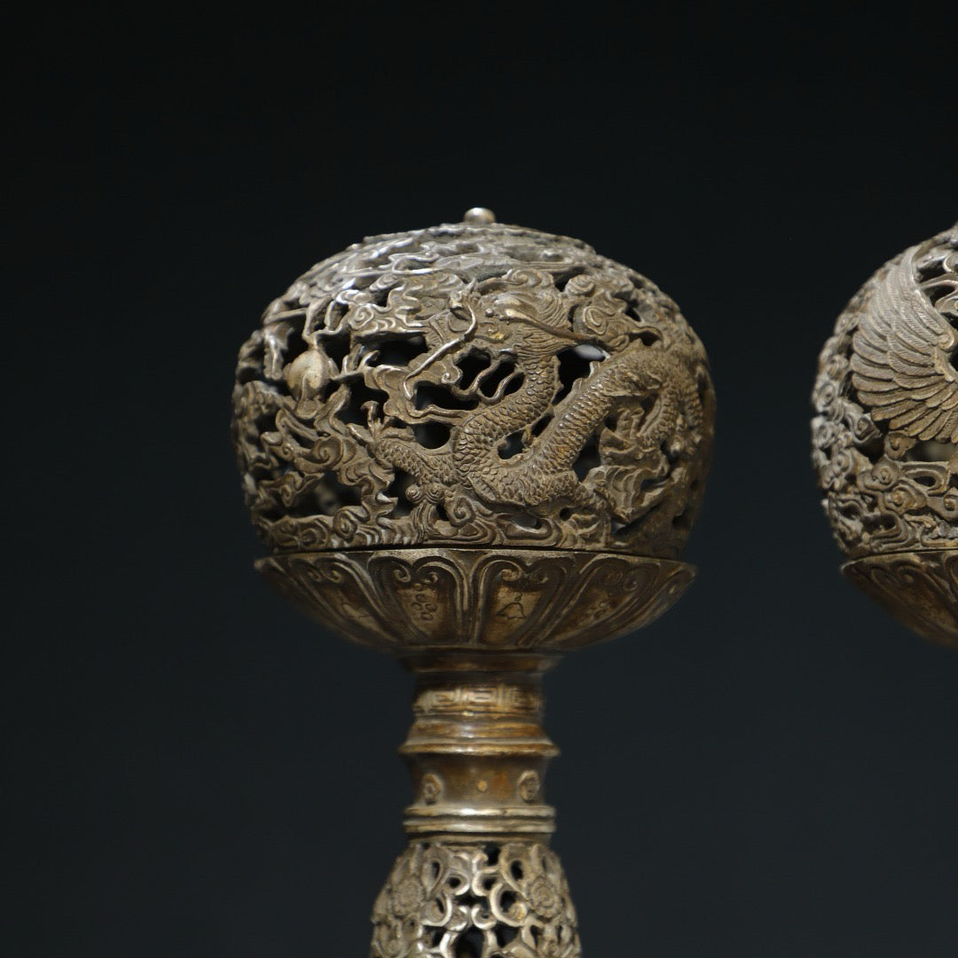 Gilded Silver [Dragon and Phoenix] Palace Lantern Pair