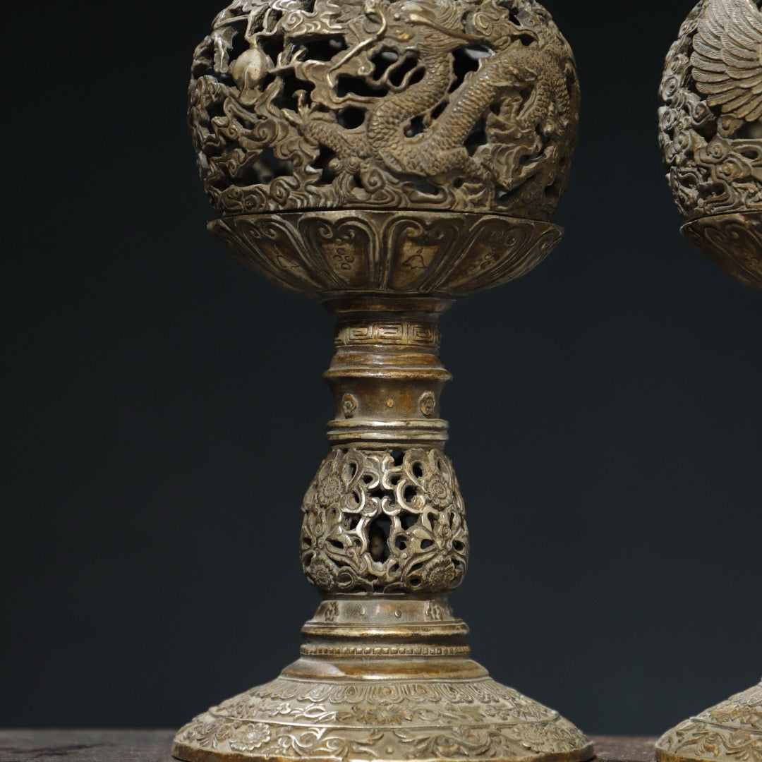 Gilded Silver [Dragon and Phoenix] Palace Lantern Pair