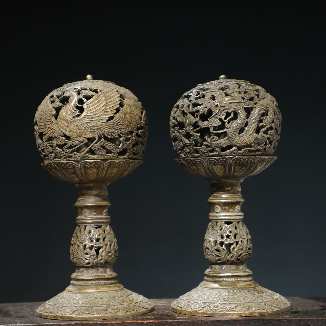 Gilded Silver [Dragon and Phoenix] Palace Lantern Pair