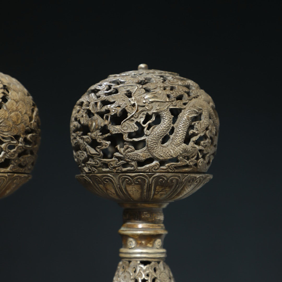 Gilded Silver [Dragon and Phoenix] Palace Lantern Pair