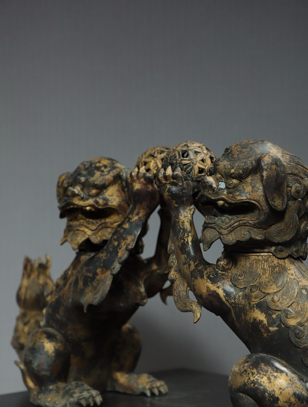 A pair of Chinese antique pure copper [embroidered ball lion] furnaces