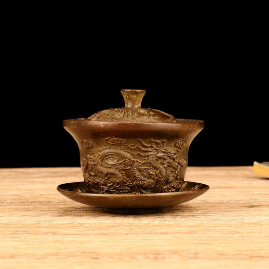 Chinese antique alloy dragon and phoenix covered bowl tea cup