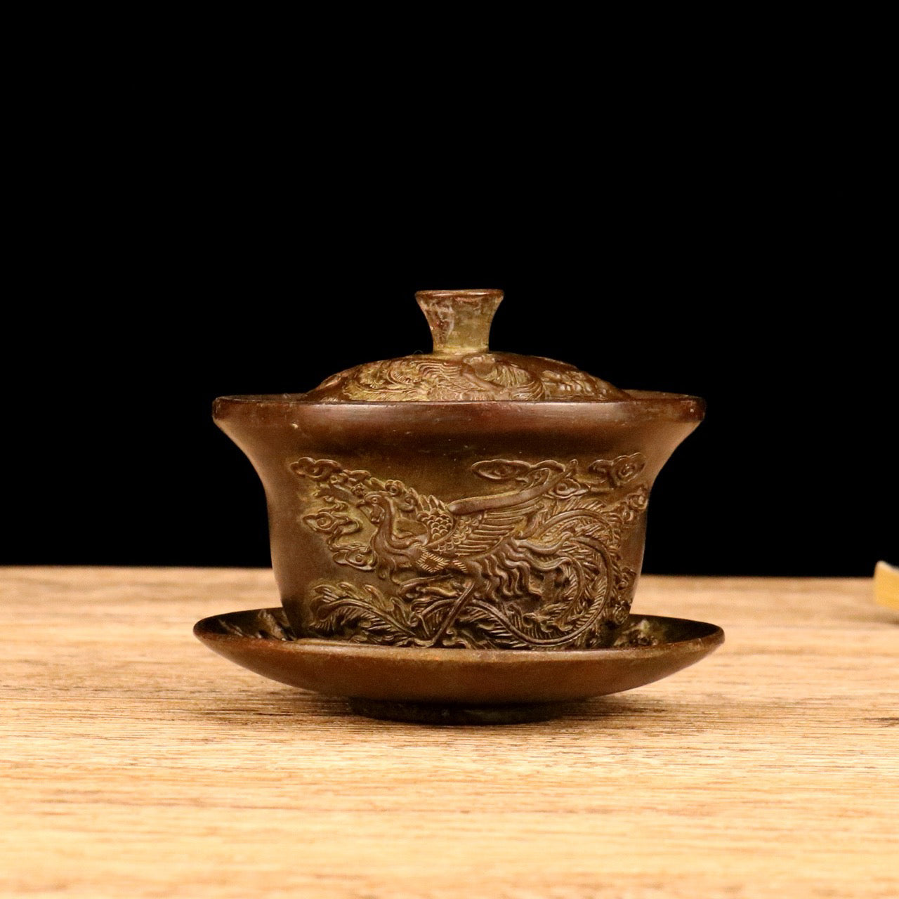Chinese antique alloy dragon and phoenix covered bowl tea cup