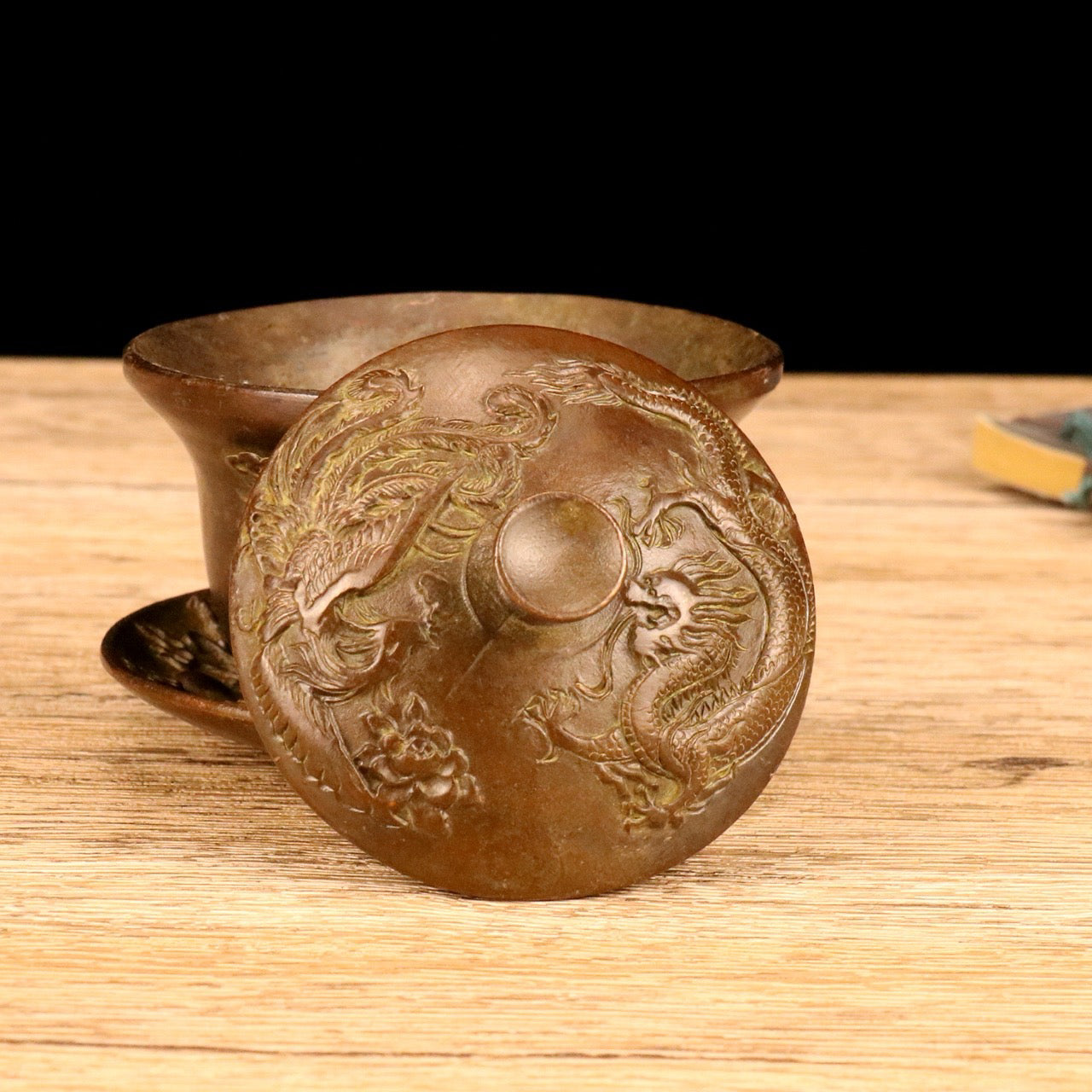 Chinese antique alloy dragon and phoenix covered bowl tea cup