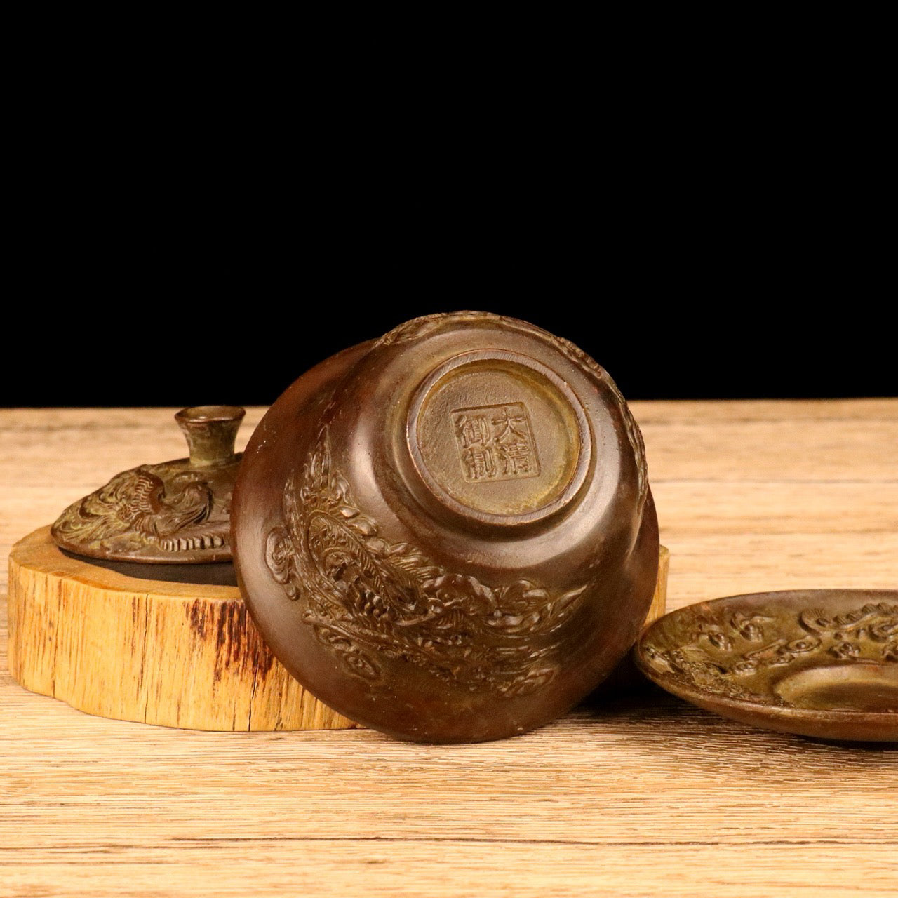 Chinese antique alloy dragon and phoenix covered bowl tea cup