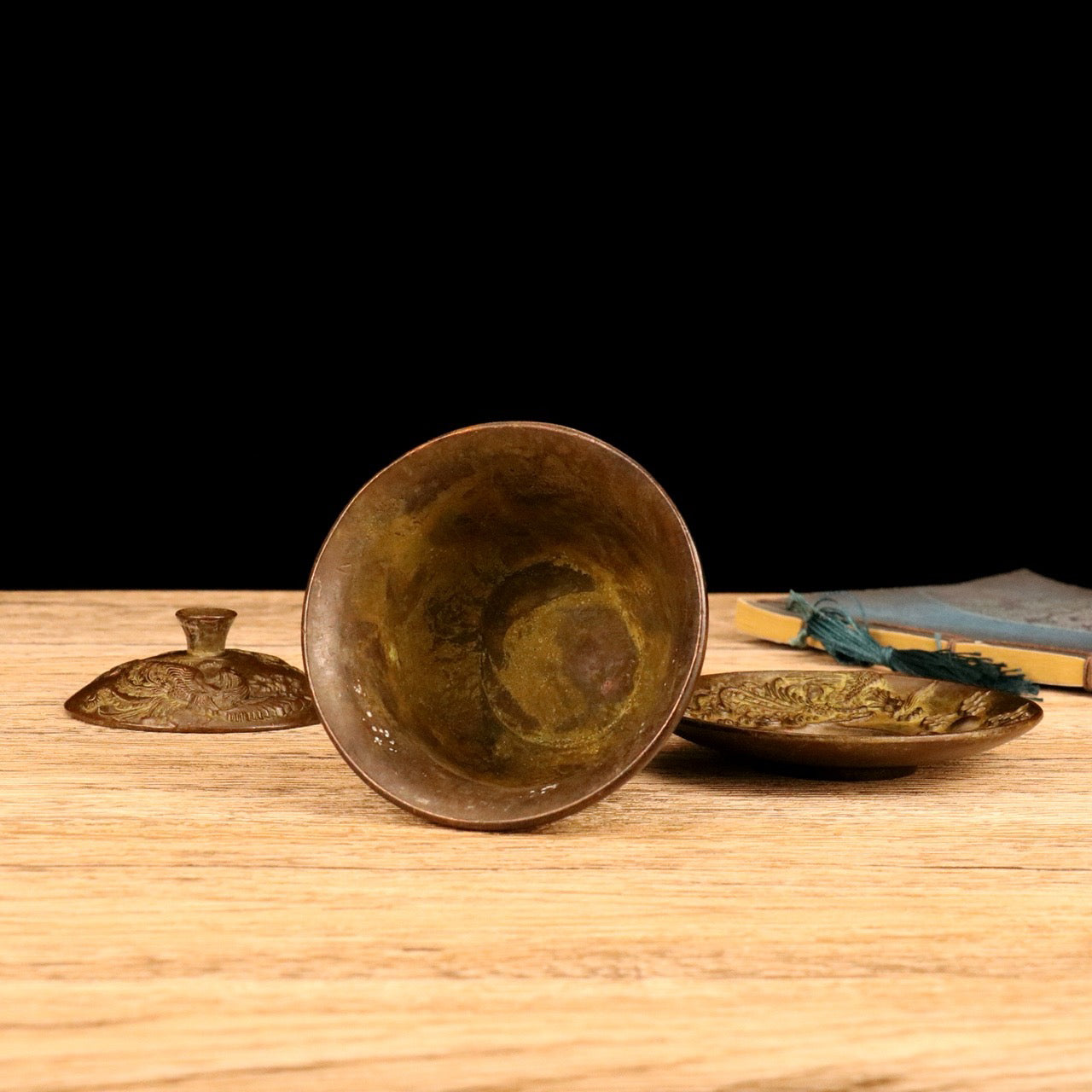 Chinese antique alloy dragon and phoenix covered bowl tea cup