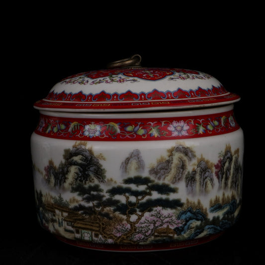 Pink landscape picture and text red roof jar