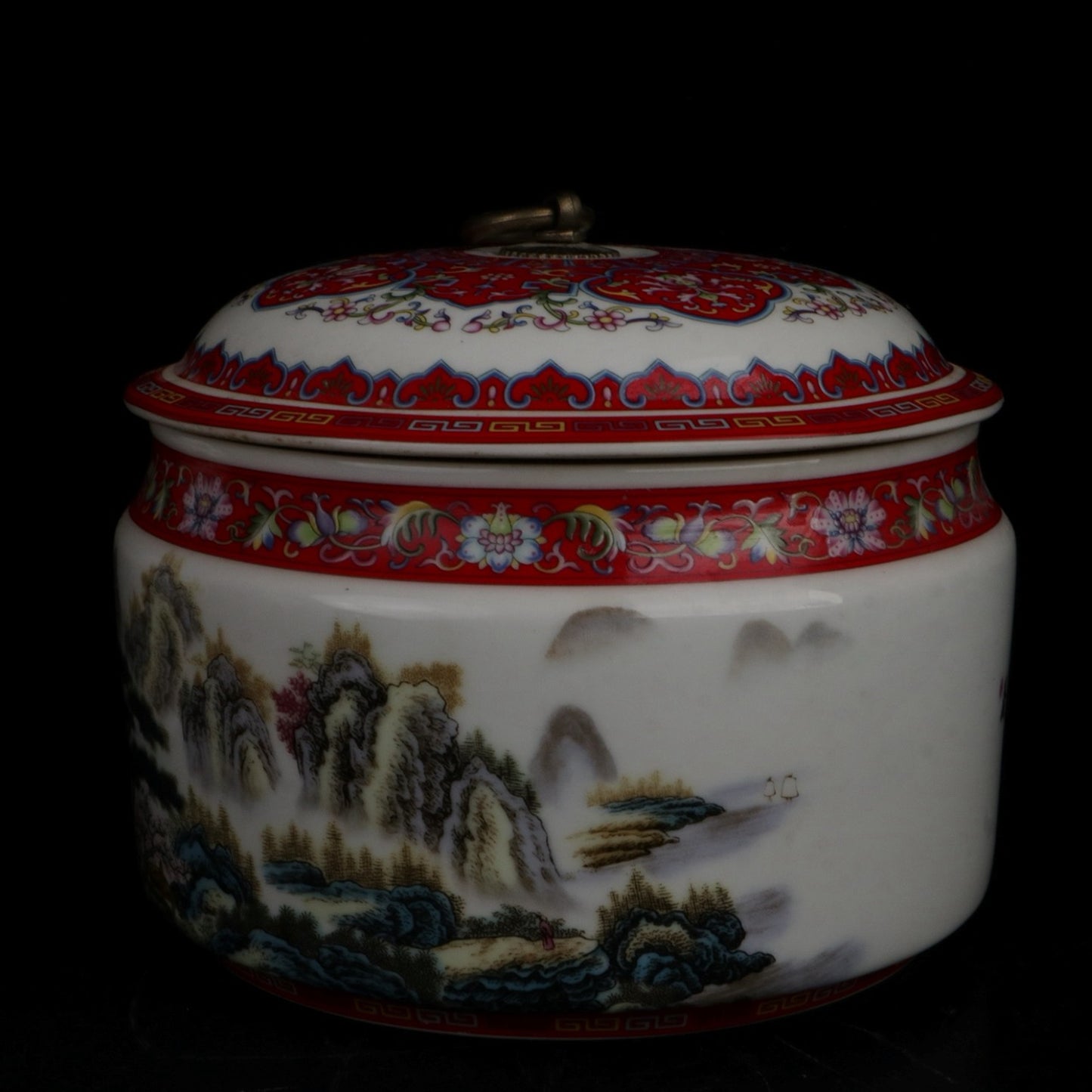 Pink landscape picture and text red roof jar