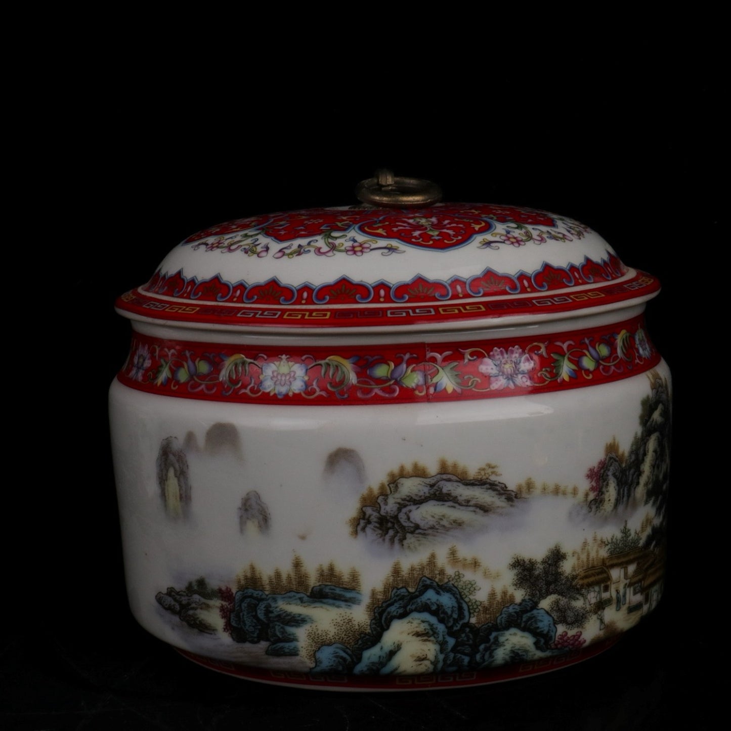 Pink landscape picture and text red roof jar