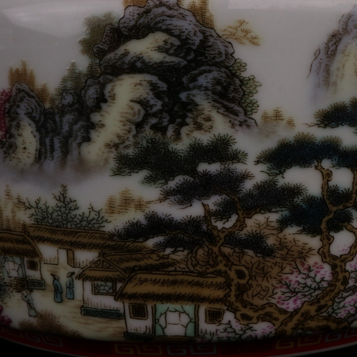 Pink landscape picture and text red roof jar