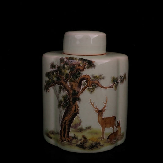 Powder colored Fu Lu Shuang Quan patterned tea jar