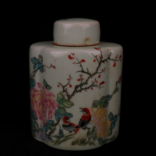 Pink flower and bird pattern tea jar