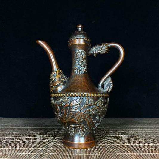 Pure copper relief large dragon and phoenix wine pot