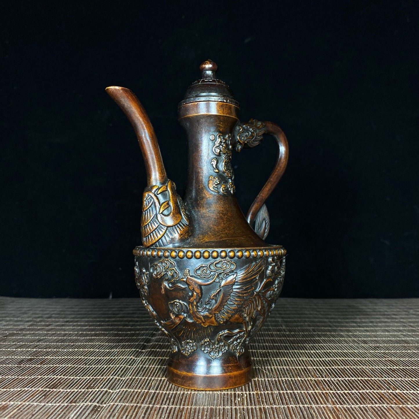 Pure copper relief large dragon and phoenix wine pot