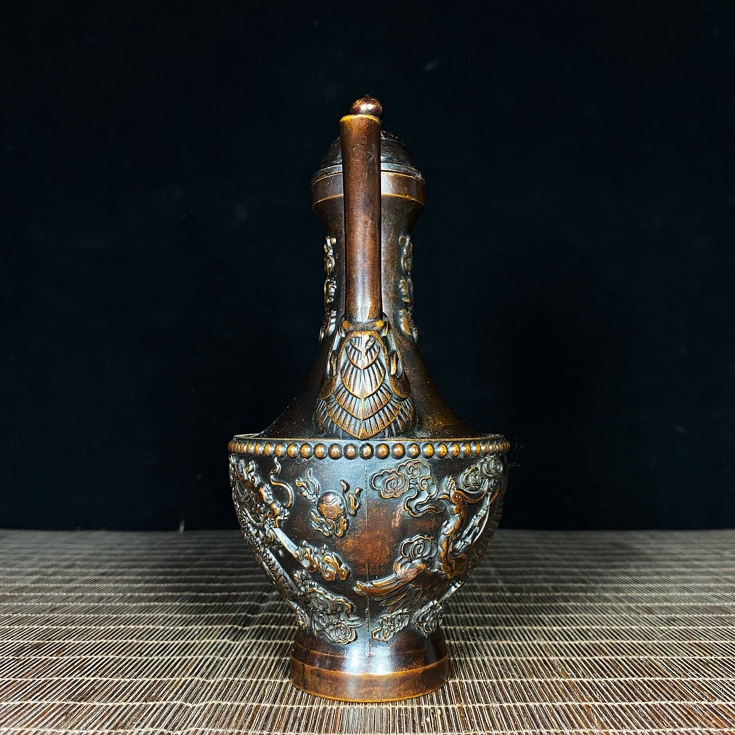 Pure copper relief large dragon and phoenix wine pot