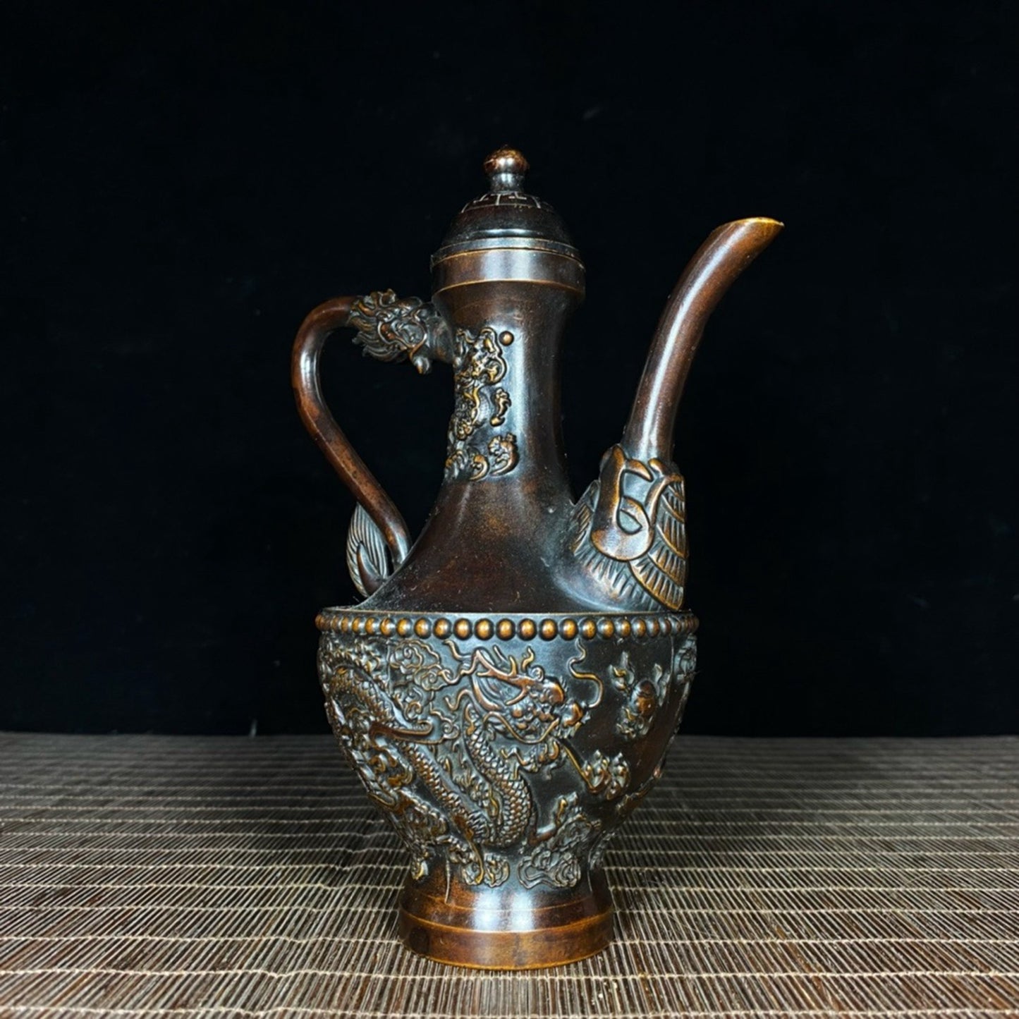 Pure copper relief large dragon and phoenix wine pot