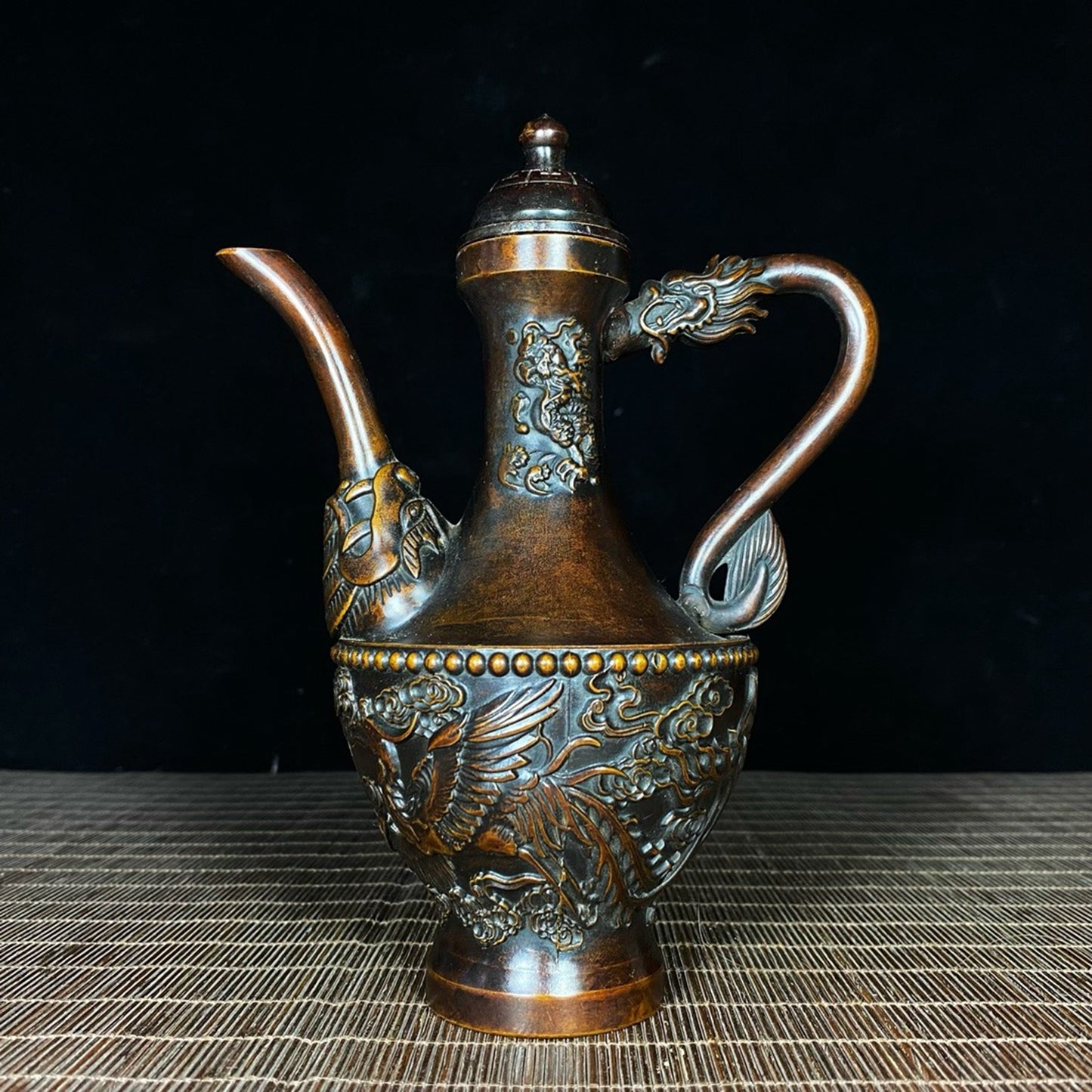 Pure copper relief large dragon and phoenix wine pot