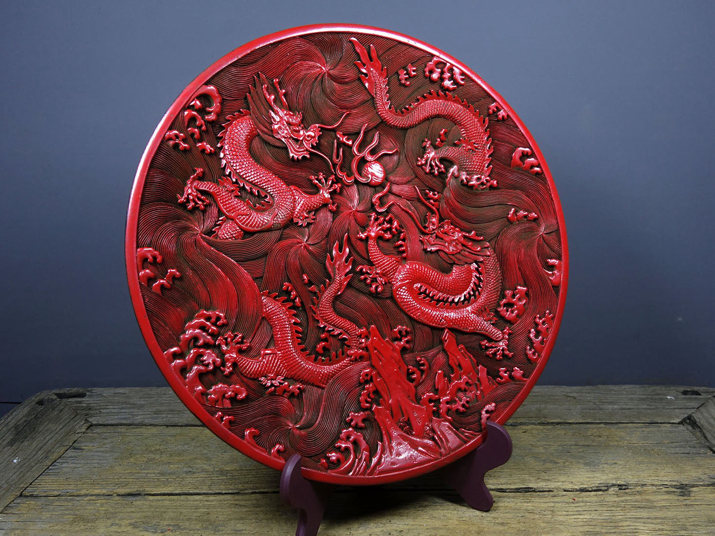 Chinese antique lacquerware with red carved plates