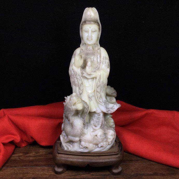Chinese Antique Shoushan Stone Dragon Subduing Guanyin