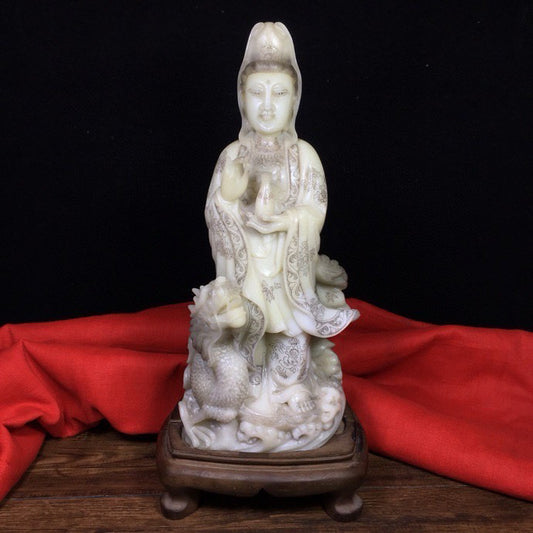 Chinese Antique Shoushan Stone Dragon Subduing Guanyin