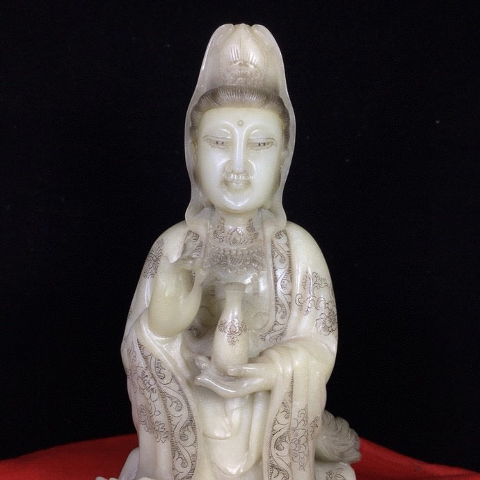 Chinese Antique Shoushan Stone Dragon Subduing Guanyin