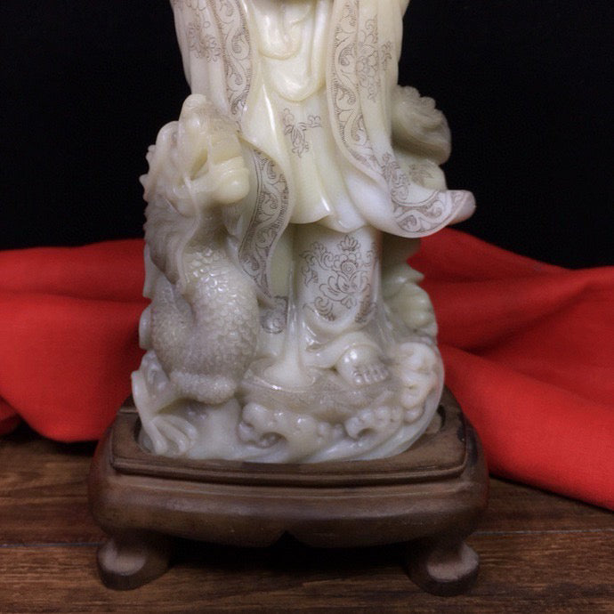 Chinese Antique Shoushan Stone Dragon Subduing Guanyin